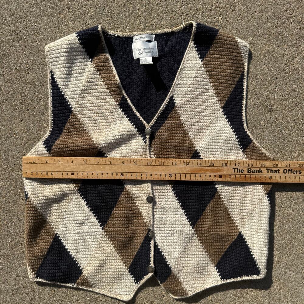 Vintage Grandpacore Neutral Boho Argyle Knit Sweater Vest LARGE Brown Tan Black - Picture 7 of 8
